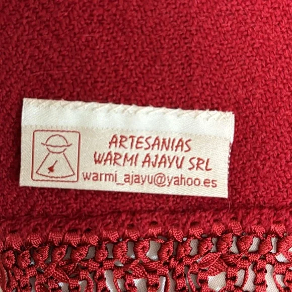 Artesanías Warmi Ajayu Alpaca Blend Red Scarf Wrap Crochet Fringe